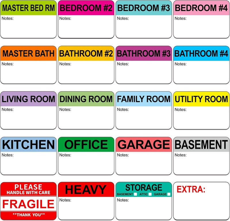 Misofuki 3”x2” Moving Labels for Boxes Color Coded 4 Bedroom, 600 Pcs Moving Stickers 4 Bathroom, Packing Labels for Moving Boxes, Strong Adhesive Fragile Moving Stickers + Heavy and Blank Labels - Image 1
